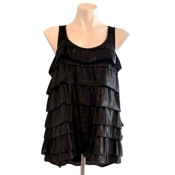 MADISON MARCUS Tiered Ruffled Silk Racerback Top Black Shimmer Size M NEW - Picture 3 of 7